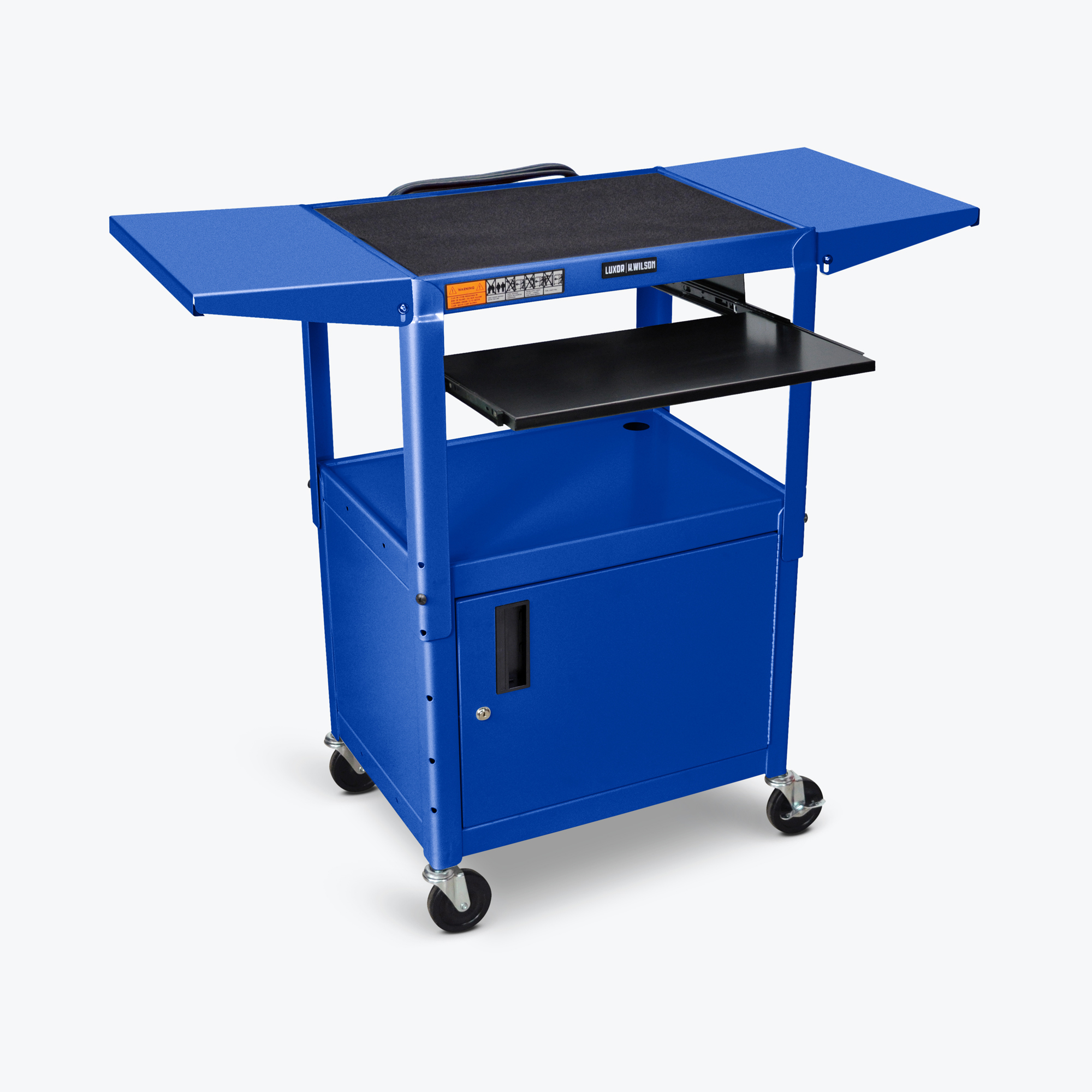 Luxor Adj-Height Steel AV Cart - Pull Tray/Cabinet/Drop Leaf/Blue, Color Blue, Material Steel, Shelves (qty.) 2, Model# AVJ42KBCDL-RB